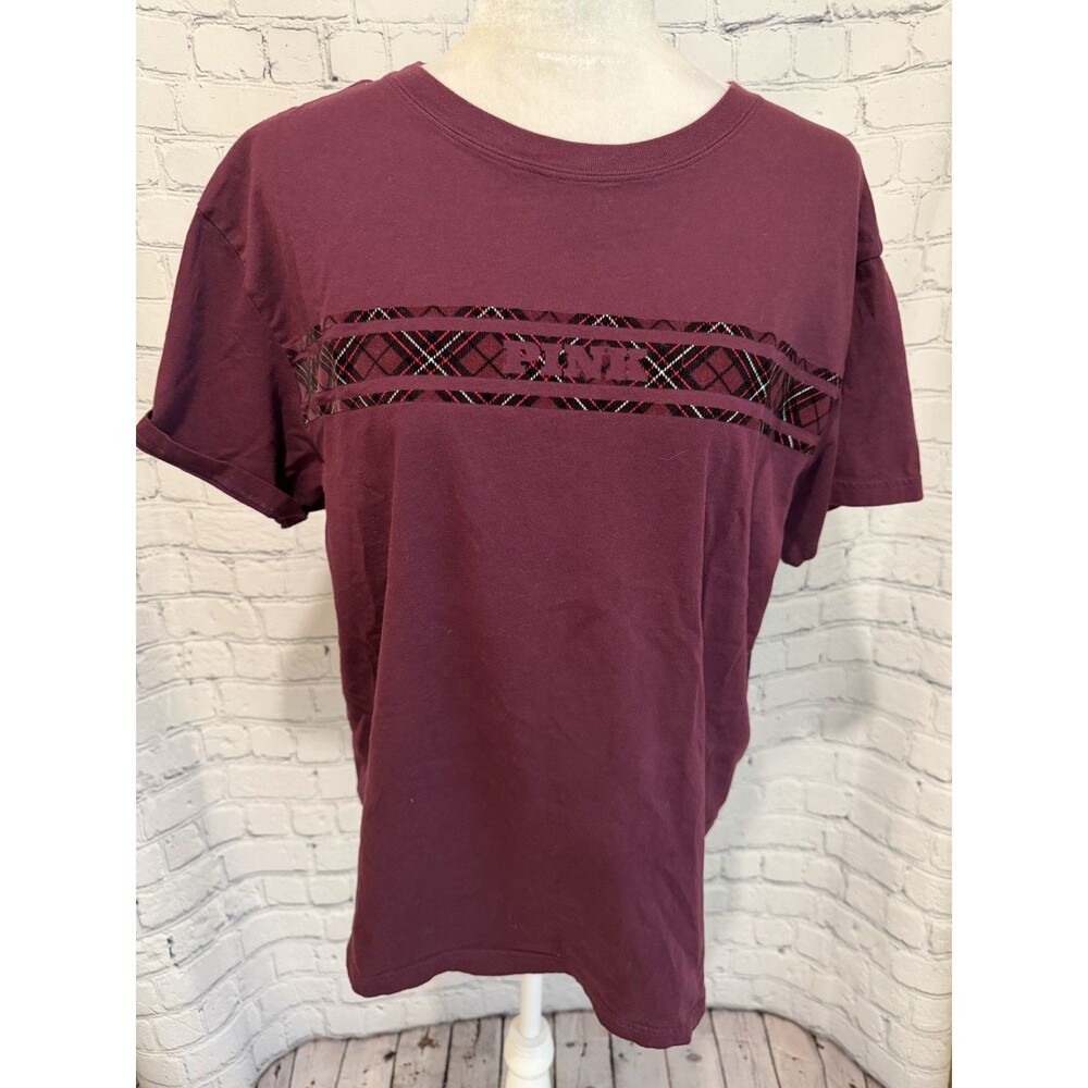 Victoria’s Secret PINK Shirt Short Sleeve Varsity Campus Plaid Top size Medium